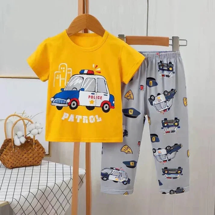 Yellow Car Print Half Sleeves T-shirt With Printed Pajama Suit for Kids (C-C-474)