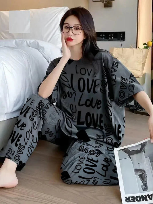 Grey All Over Love Heart Printed Night Suit (CC-007)