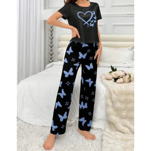Black With Blue Butterflies Heart Printed T-shirt And Butterflies Printed Trouser Suit (C-C-480)
