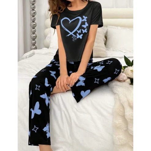 Black With Blue Butterflies Heart Printed T-shirt And Butterflies Printed Trouser Suit (C-C-480)