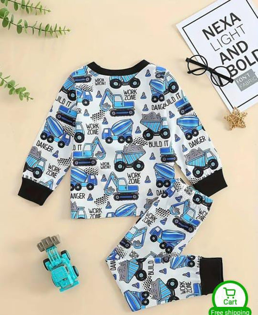 White and Blue Big Truck Printed Kids Night Suit (CC-048)