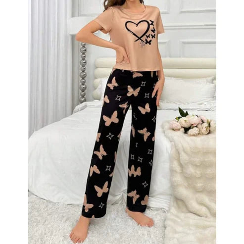 Brown With Black Butterflies Heart Printed T-shirt And Butterflies Printed Trouser Suit (C-C-482)
