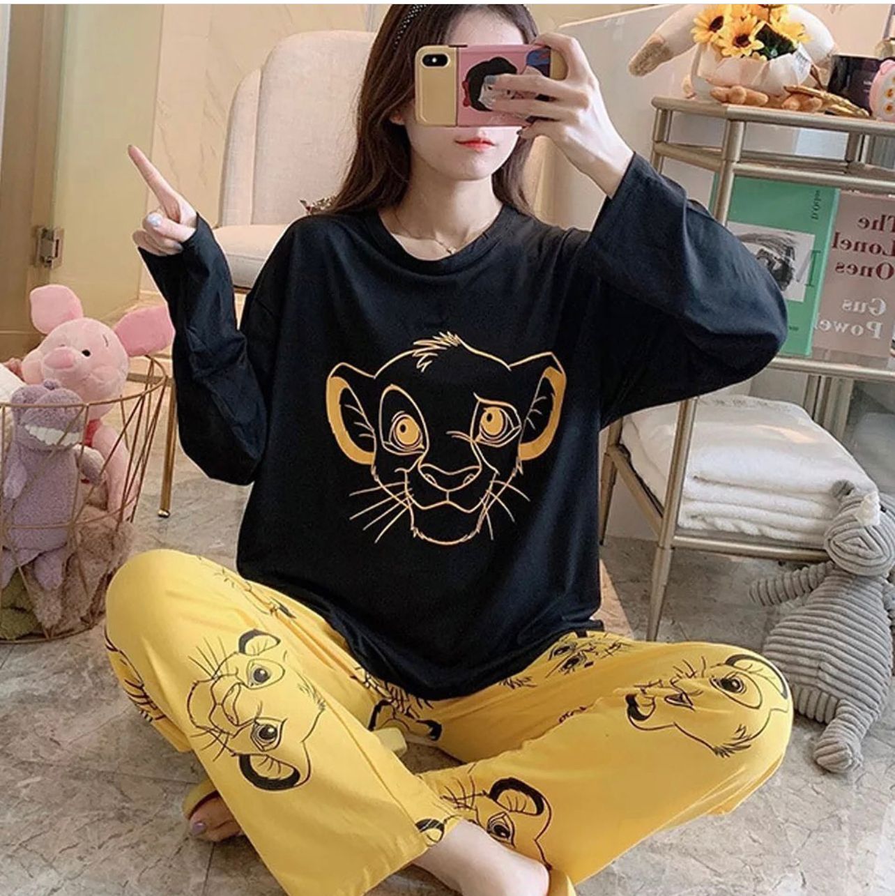 Black Lion With Yellow Lion Trouser Full Sleeves Night Suit (KO-NS-0045)