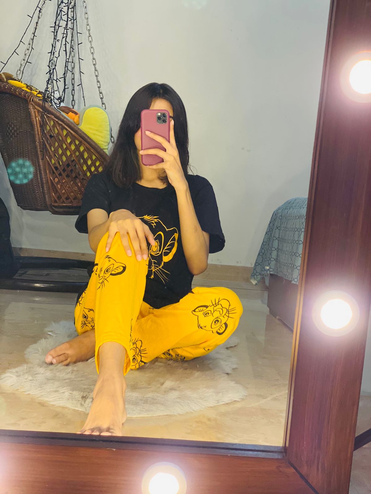 Black Lion With Yellow Lion Trouser Half Sleeves Night Suit (C-C-0050)