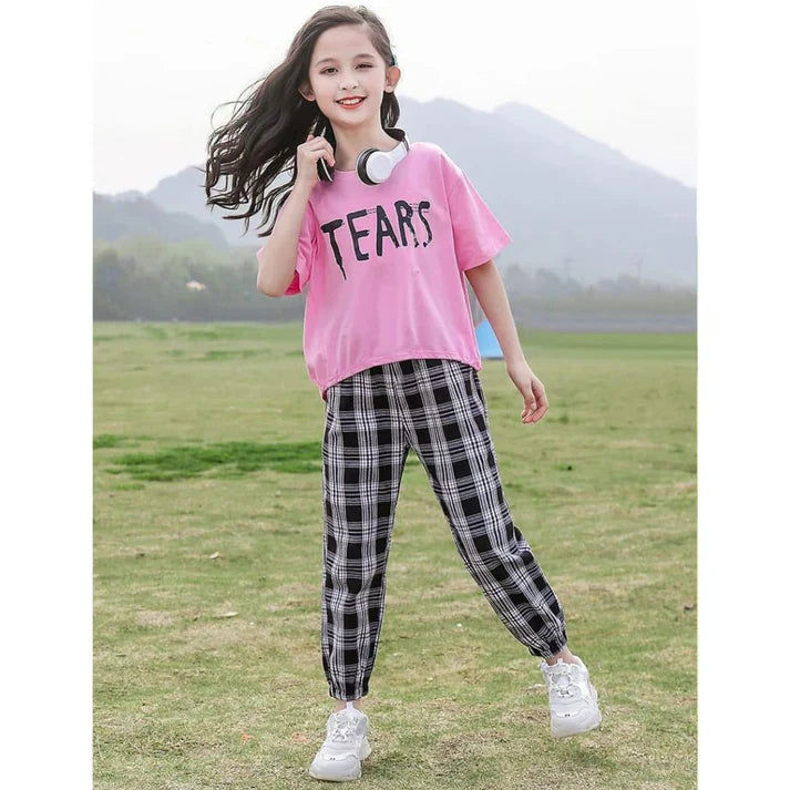 Pink Tears Print Half Sleeves Shirt With Check Printed Trouser Suit for Kids (C-C-469)
