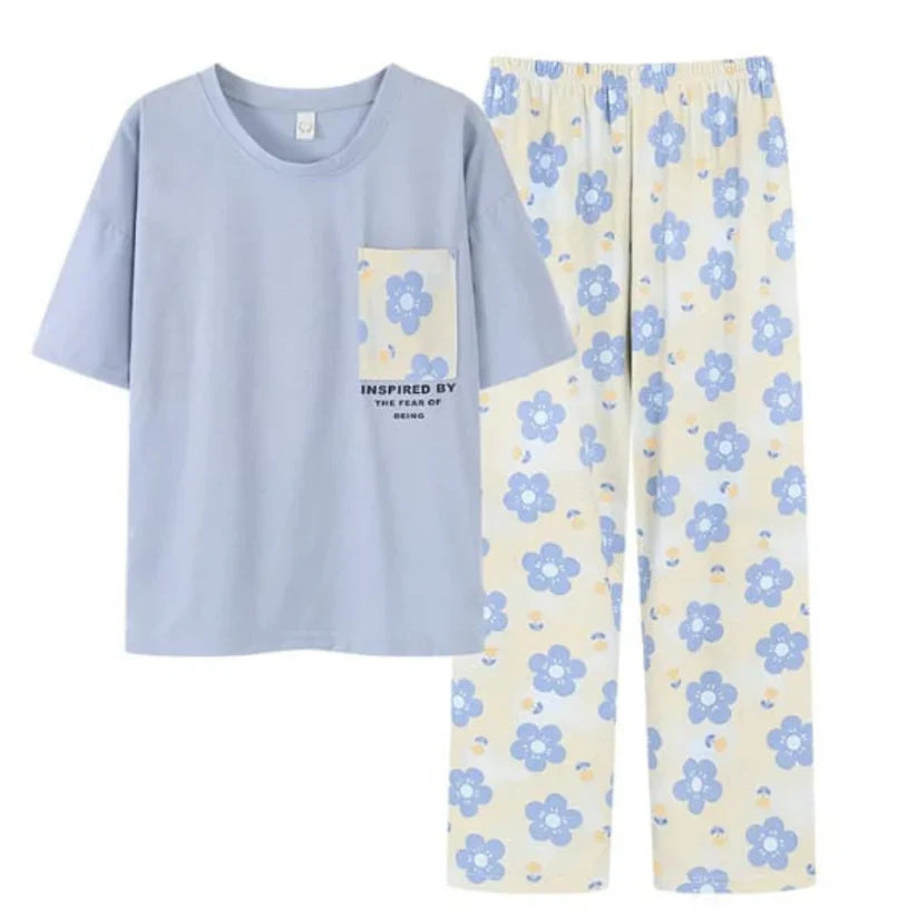 Sky Blue Pocket Flower With Flower Printed Trouser (CC-005)