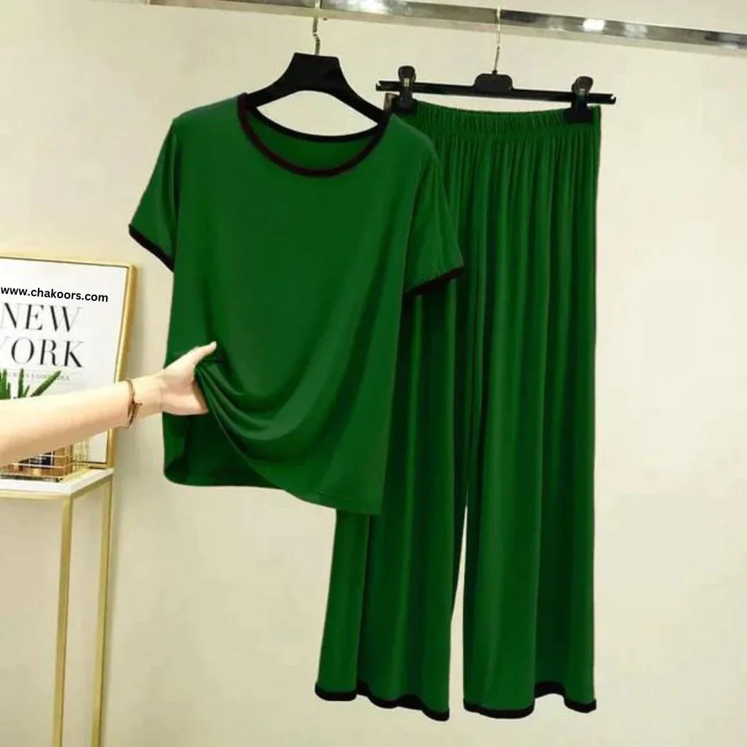 Dark Green Round Neck Piping Half Sleeves Shirt With Lose Style Trouser Home Wear (C-C-461)