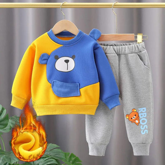 Yellow With Blue Bear Print Sweatshirt With Grey Trouser For Kids (CC-122)