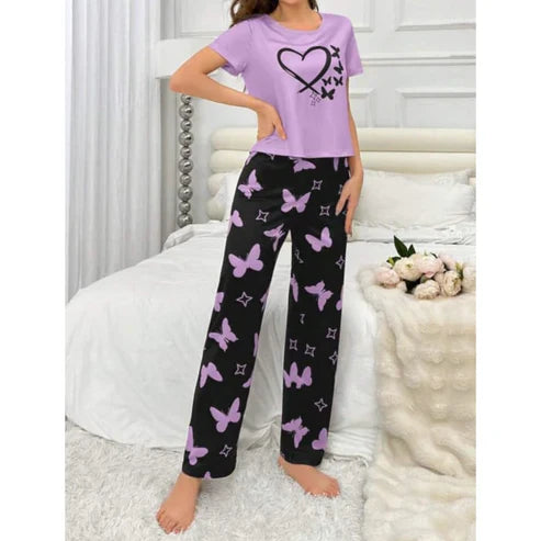 Lilac With Black Butterflies Heart Printed T-shirt And Butterflies Printed Trouser Suit (C-C-481)