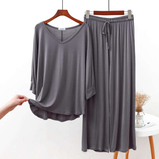Grey Plain V Neck Shirt With Lose Style Lounge Wear (C-C-348)