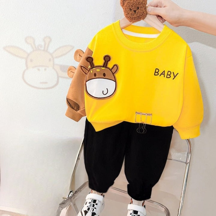 Yellow with Small baby Dragon Sweat Shirt with Black Trouser for Kids (CC-105)