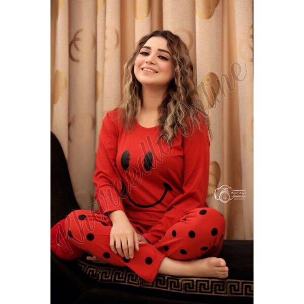 Red Smile With Polka Dots Trouser Full Sleeves Night Suit (C-C-028)