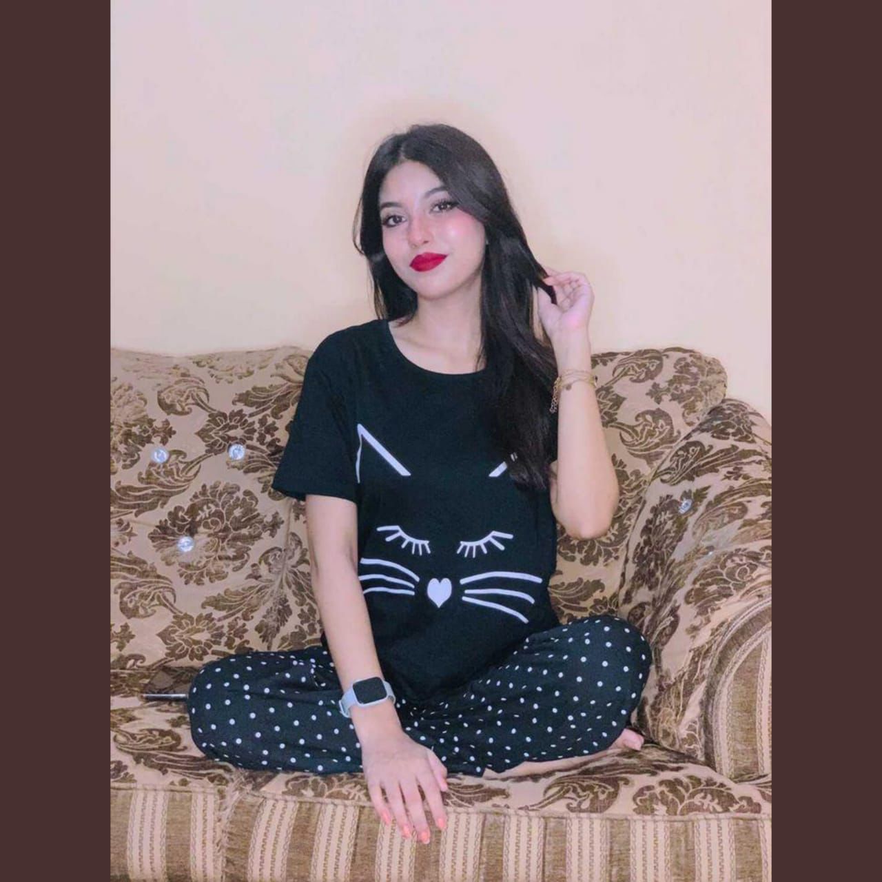 Black Meow Half Sleeves Night Suit (C-C-0043)