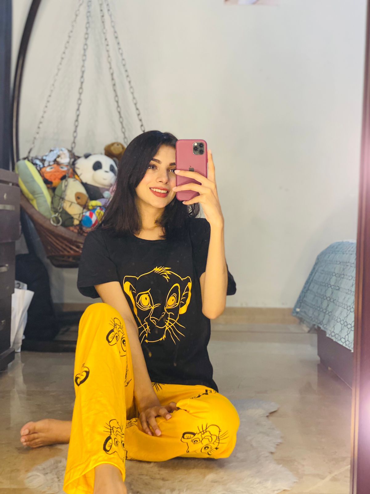 Black Lion With Yellow Lion Trouser Half Sleeves Night Suit (C-C-0050)