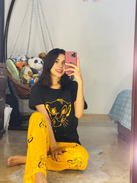 Black Lion With Yellow Lion Trouser Half Sleeves Night Suit (C-C-0050)