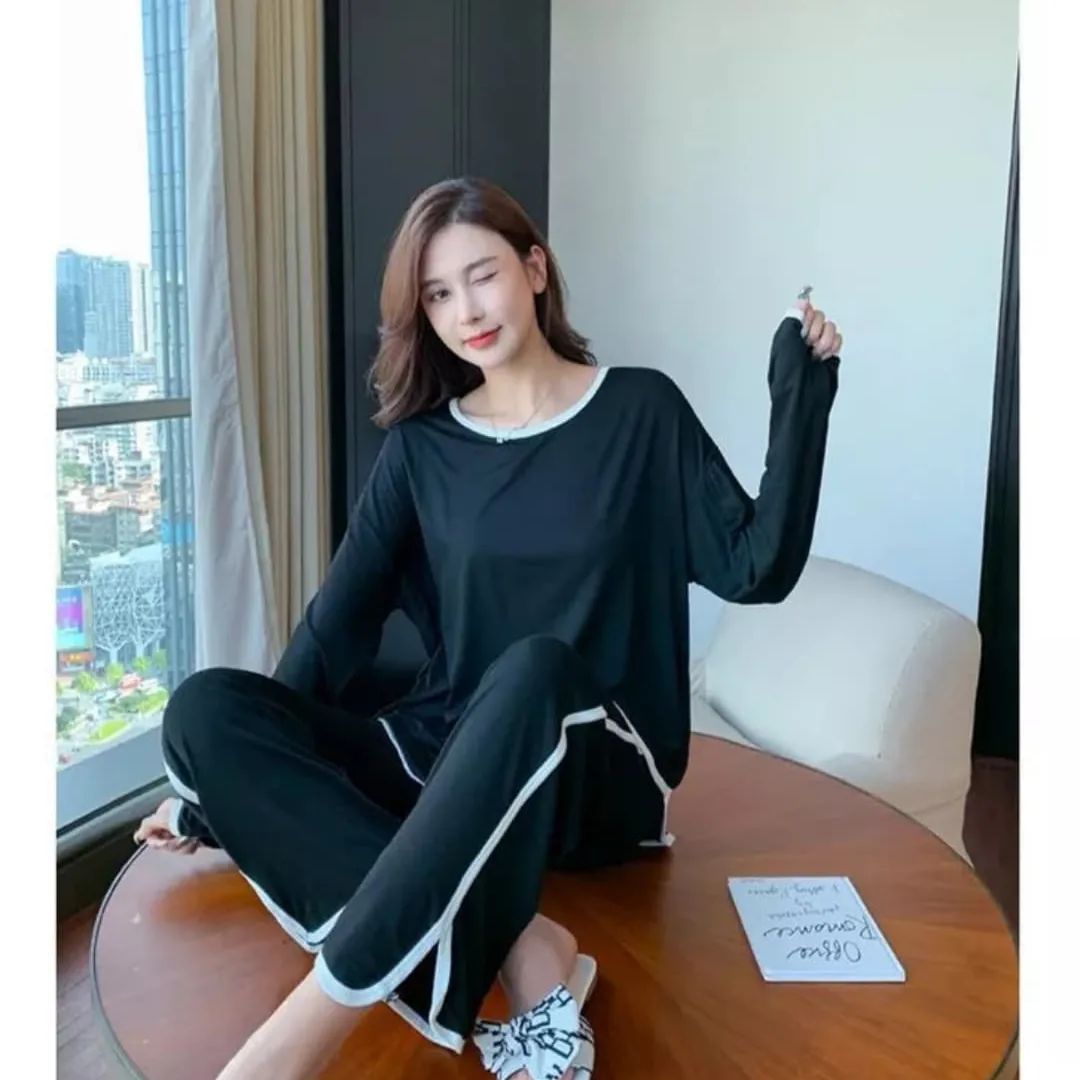 Black With White Piping Round Neck Full Sleeves Lounge Wear (C-C-366)