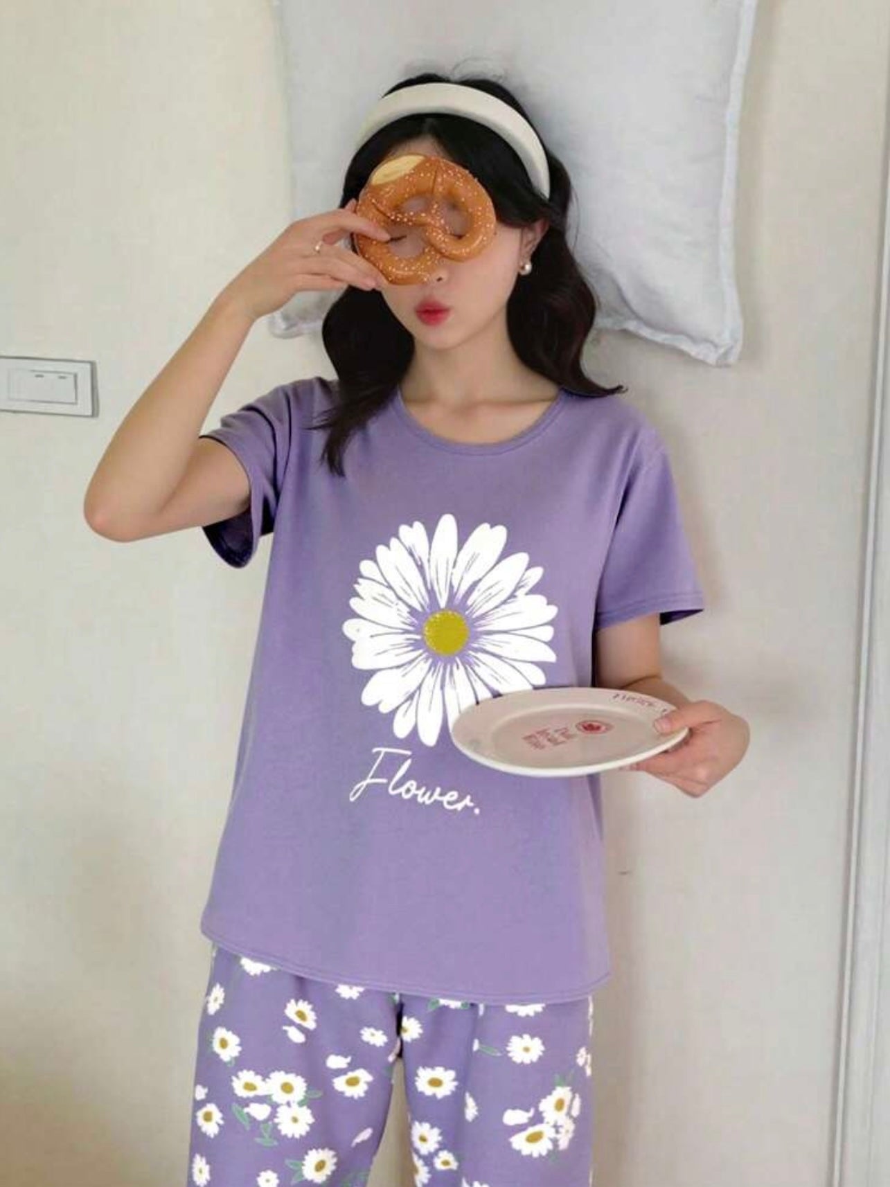 Lilac Sun Flowers Printed Half Sleeves Night Suit (CC-126)