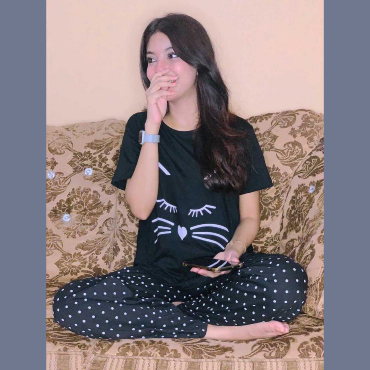 Black Meow Half Sleeves Night Suit (C-C-0043)