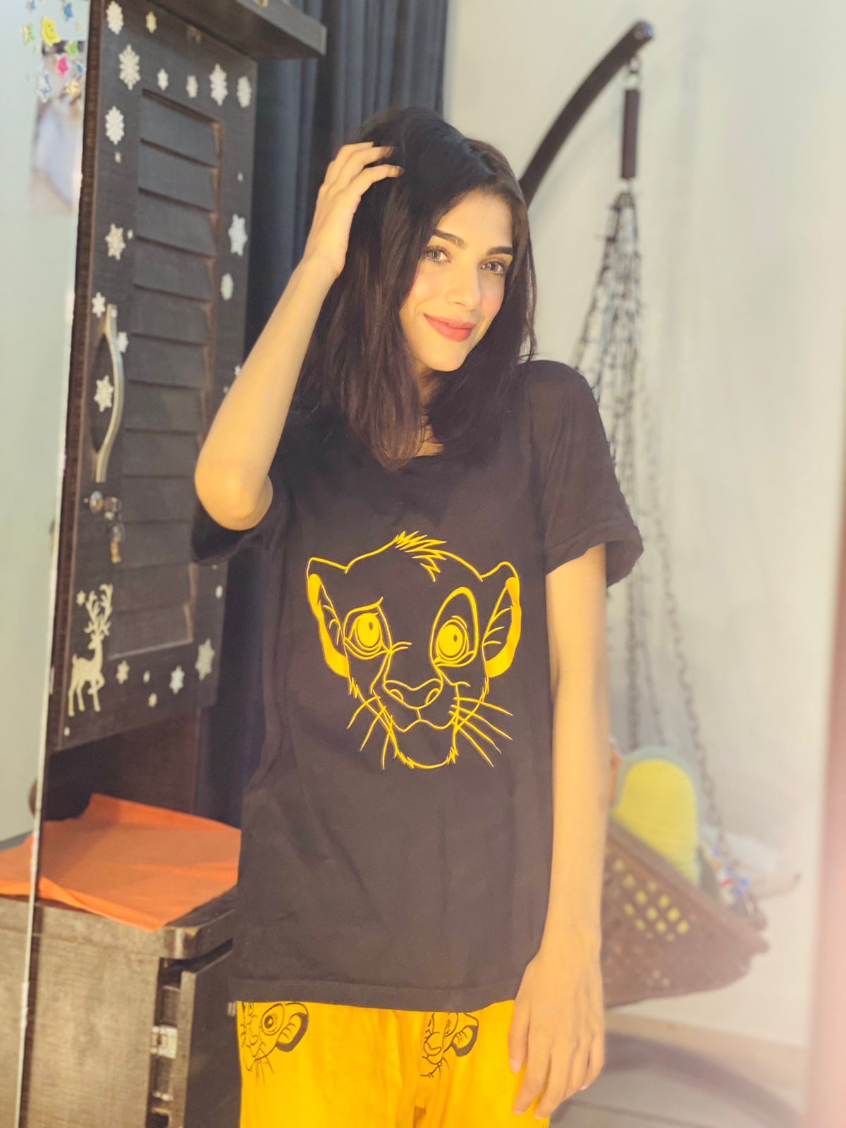 Black Lion With Yellow Lion Trouser Half Sleeves Night Suit (C-C-0050)