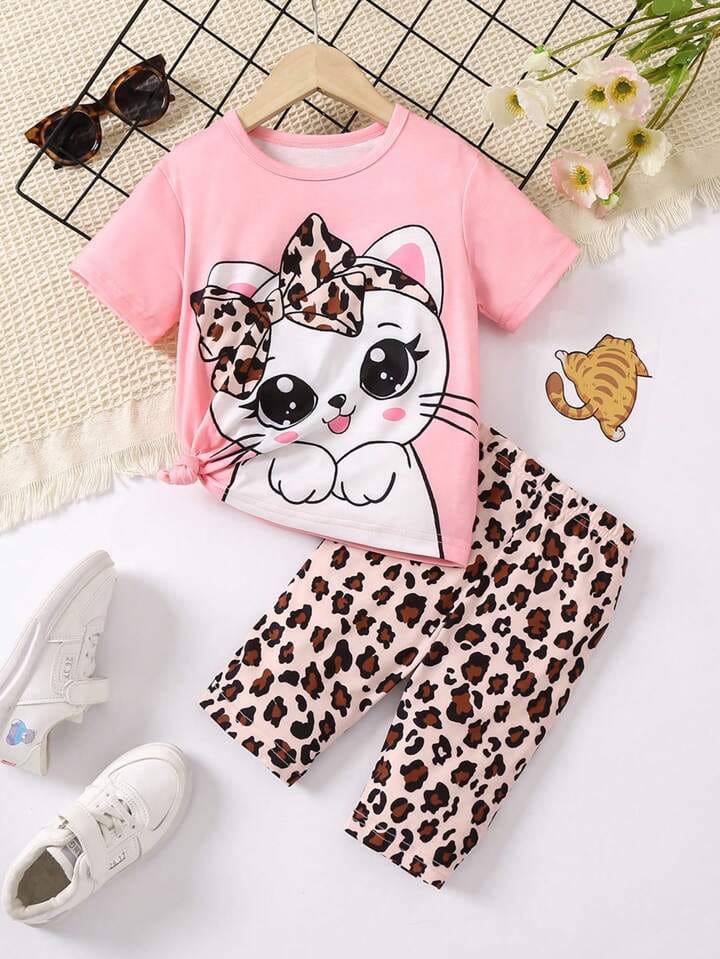 Pink Cute Kitty With Cheetha Pajama Half Sleeves Printed Kids Night Suit (CC-090)