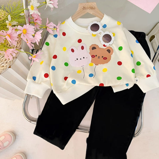 White with Mutli Color Heart sweat Shirt with Black Trouser for Kids (CC-108)