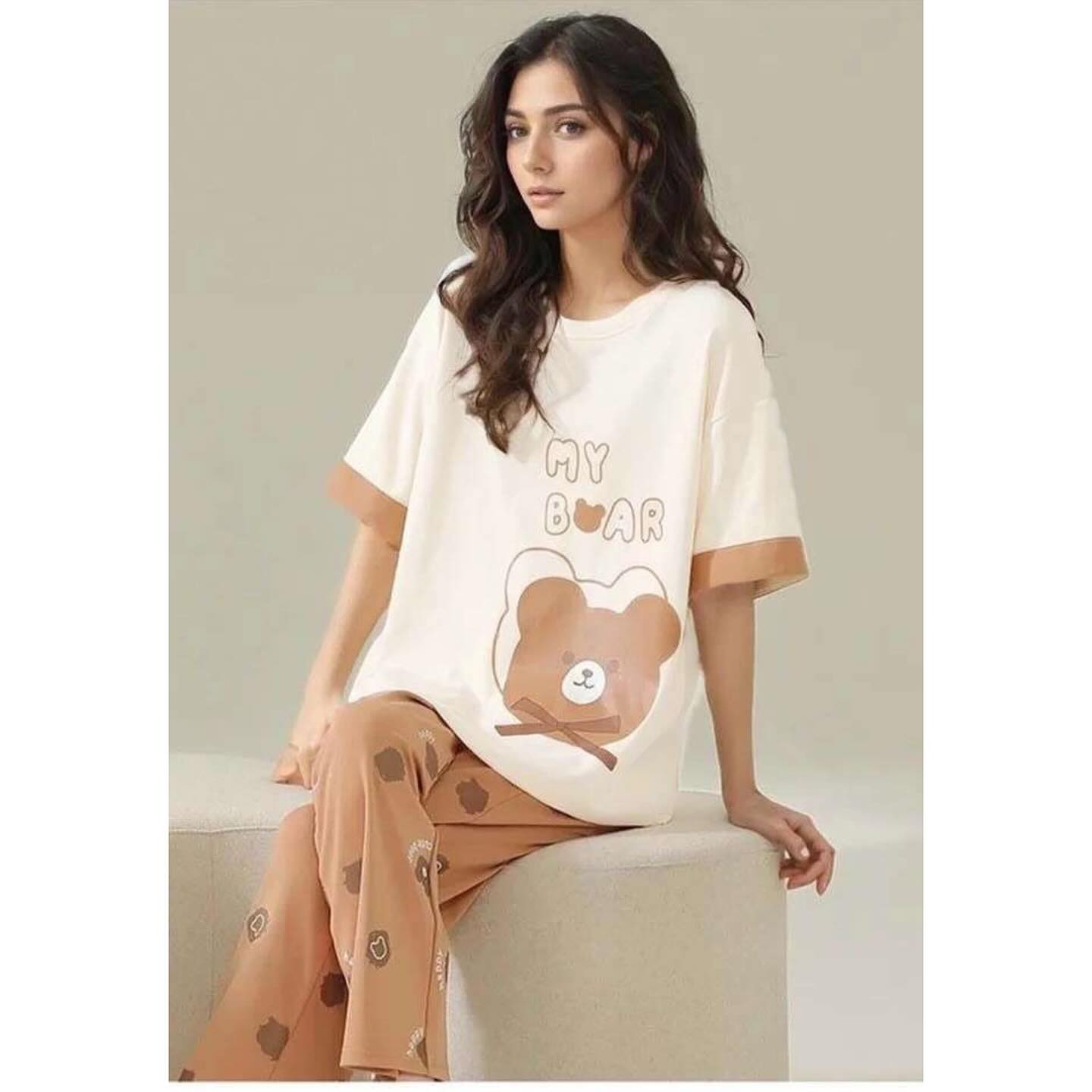 Off White My Bear Printed With Brown Bear Printed Trouser (C-C-486)