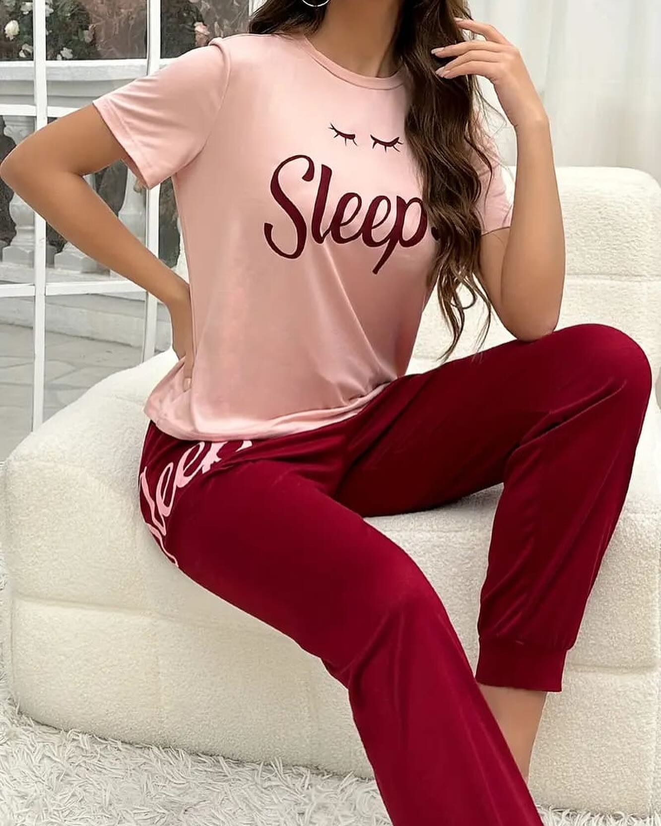 Tea Pink Sleep Shirt With Mahroon Sleep Print Trouser (CC-001)