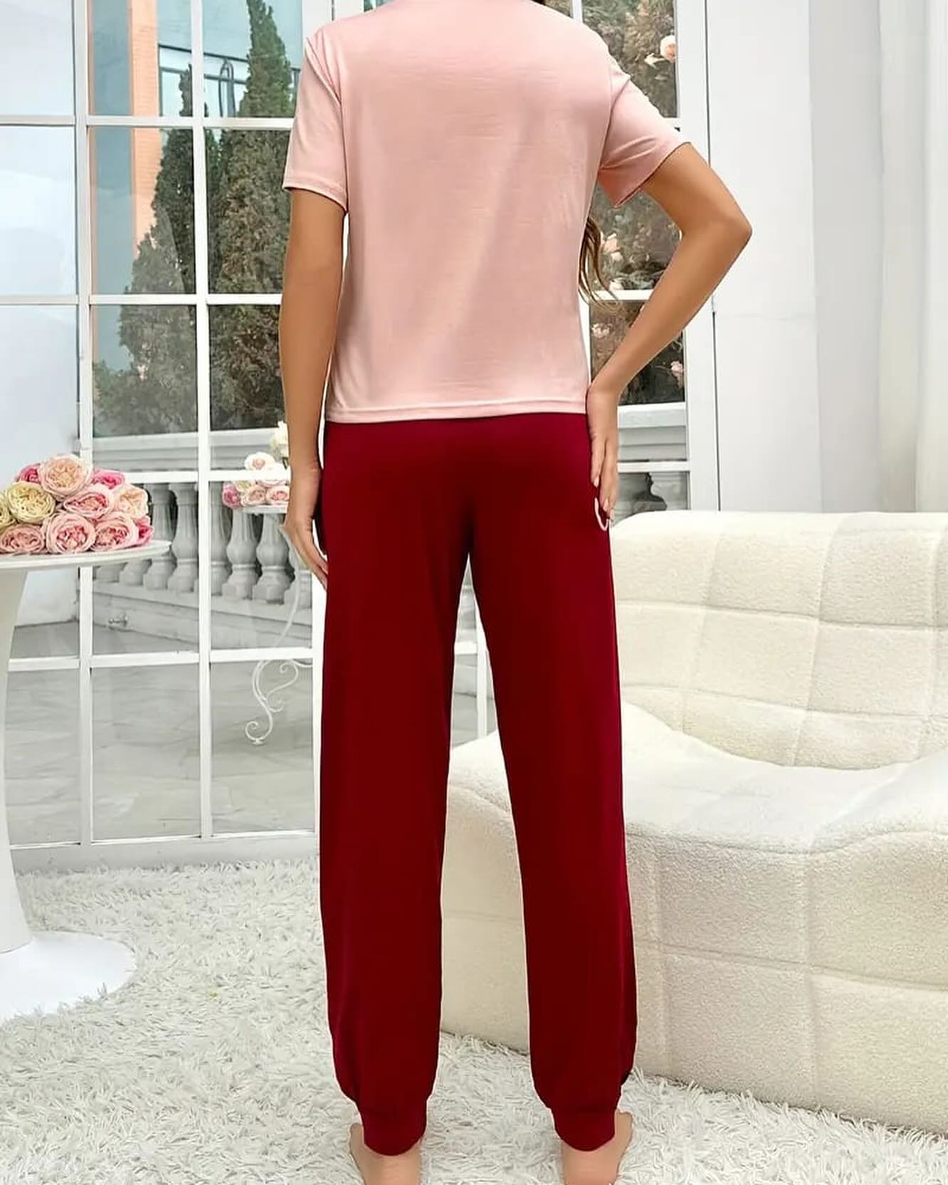 Tea Pink Sleep Shirt With Mahroon Sleep Print Trouser (CC-001)