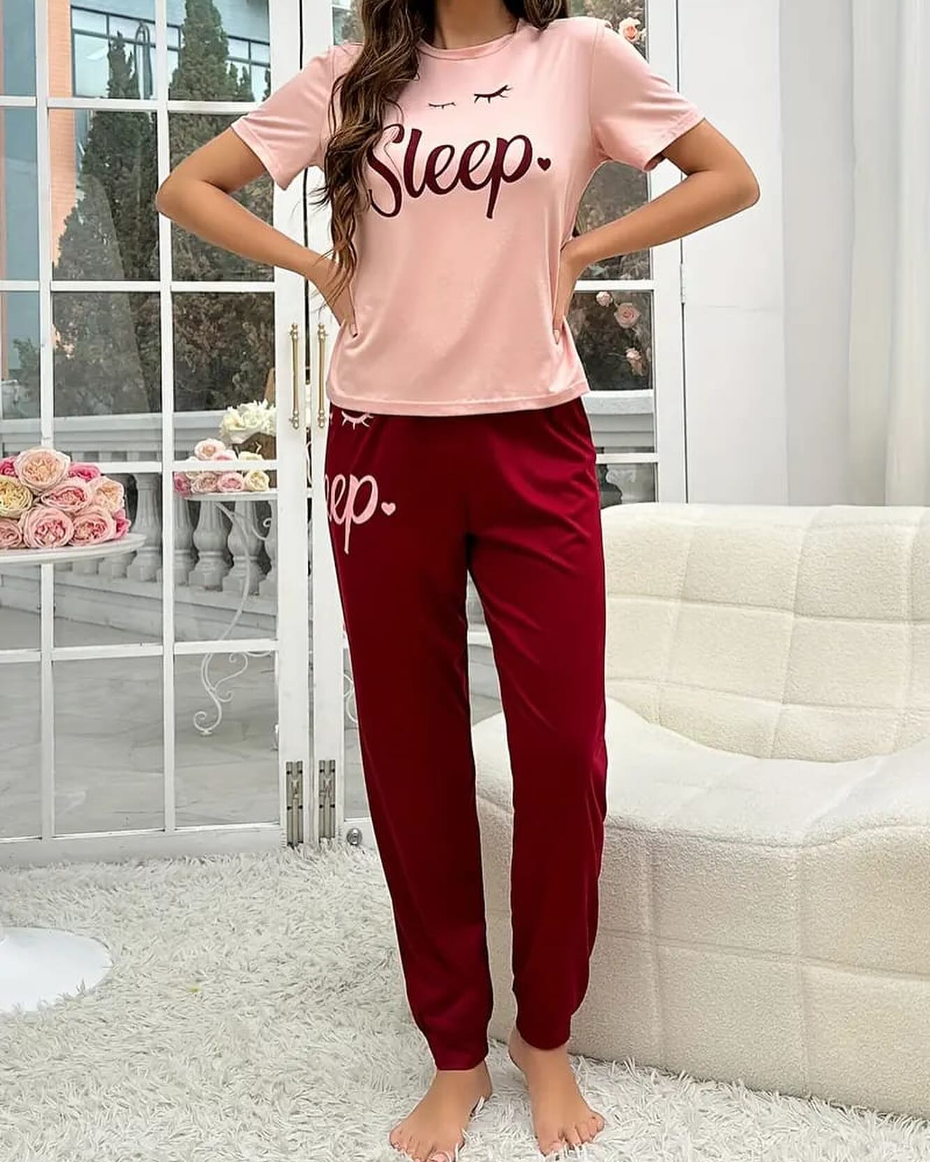 Tea Pink Sleep Shirt With Mahroon Sleep Print Trouser (CC-001)