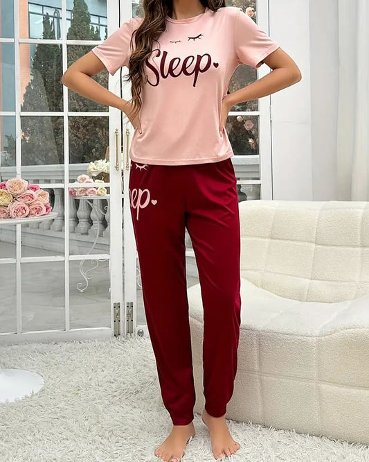 Tea Pink Sleep Shirt With Mahroon Sleep Print Trouser (CC-001)