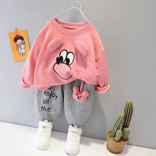 Pink Cute Eye Print Sweatshirt With Grey Trouser For Kids (CC-117)