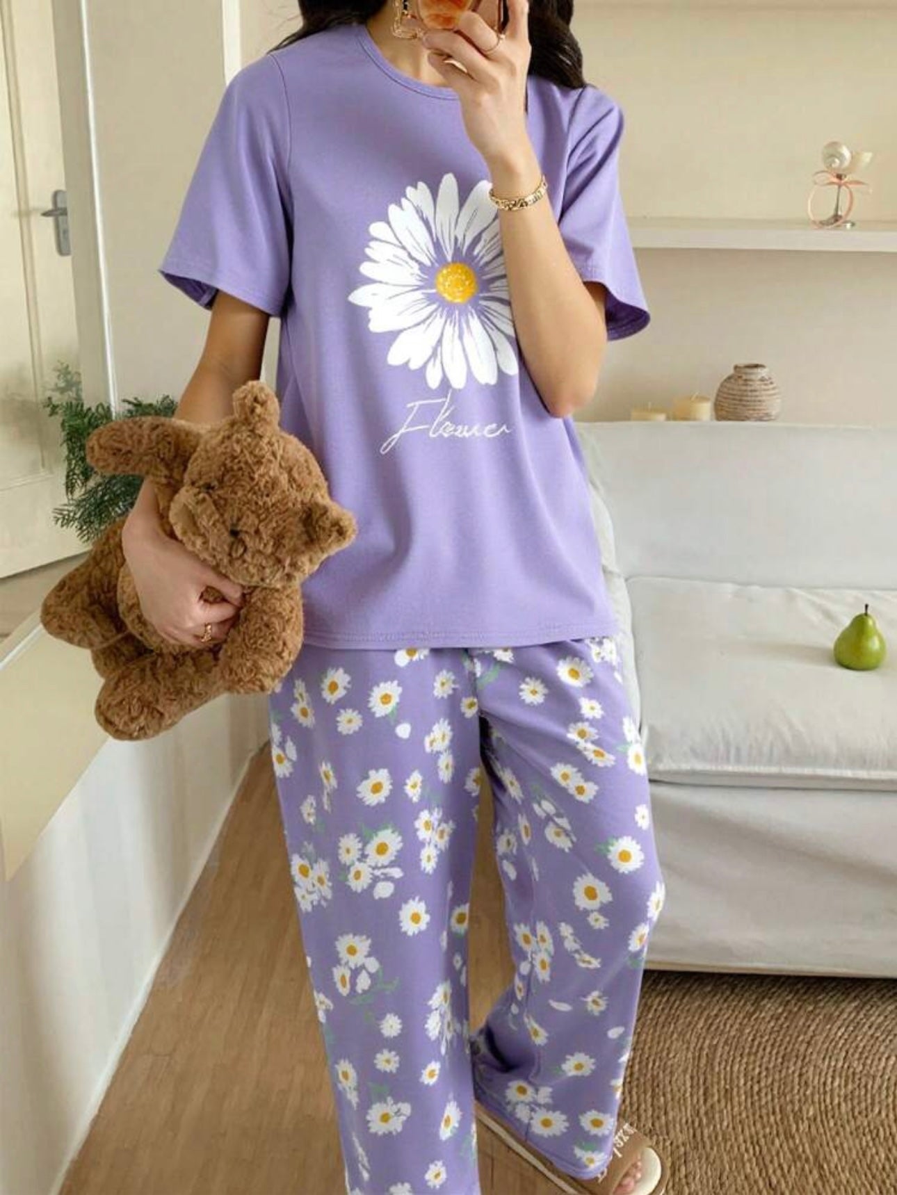Lilac Sun Flowers Printed Half Sleeves Night Suit (CC-126)