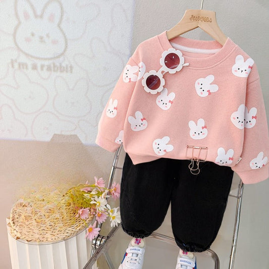 Pink with Small Rabit Sweat Shirt with Black Trouser for Kids (CC-104)