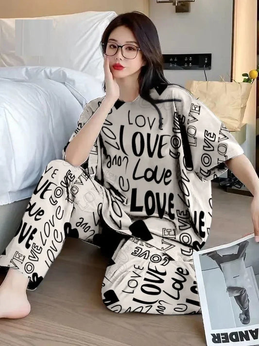 Off White All Over Love Heart Printed Night Suit (CC-006)