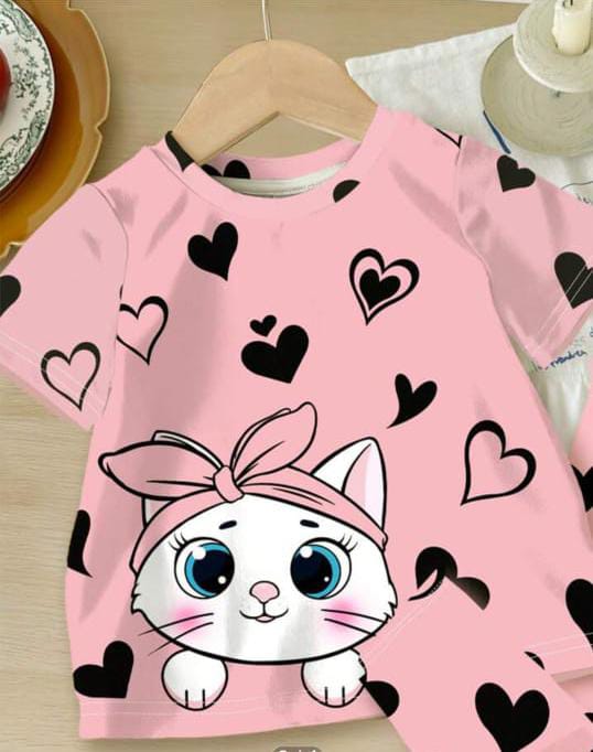 Pink Kitty with black hearts Printed Kids Night Suit (CC-044)