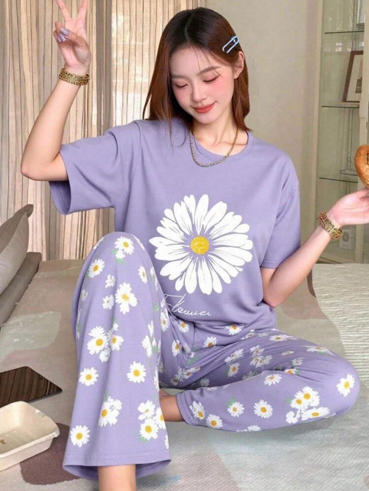 Lilac Sun Flowers Printed Half Sleeves Night Suit (CC-126)