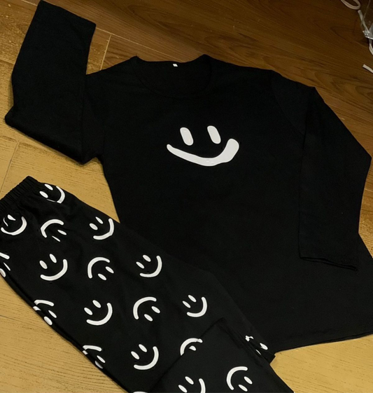 Black Smile With Smiley Trouser Full Sleeves Night Suit (C-C-350)