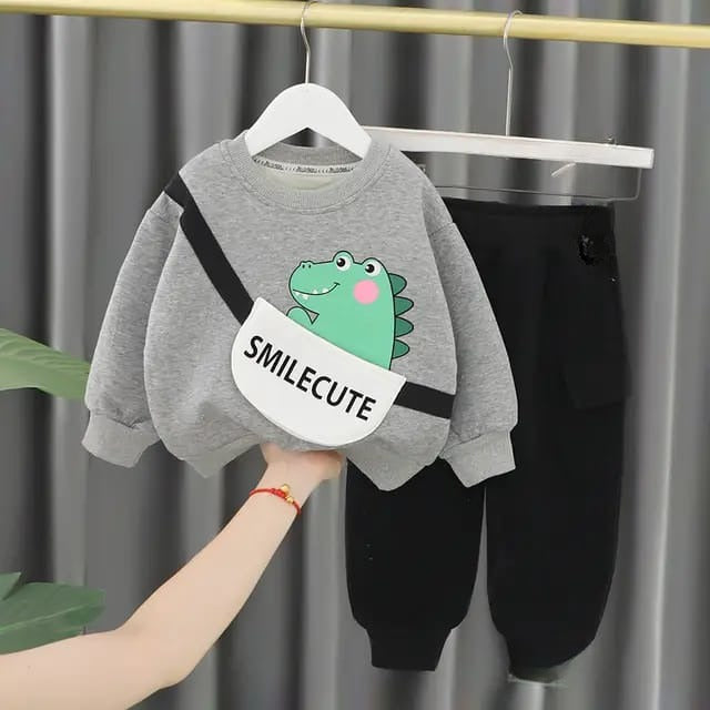 Grey with Dragon Sweat Shirt with Black Trouser for Kids (CC-103)