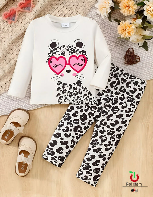 White Cute cartoon Printed with Cheetah Printed Trouser Kids Night Suit (CC-067)