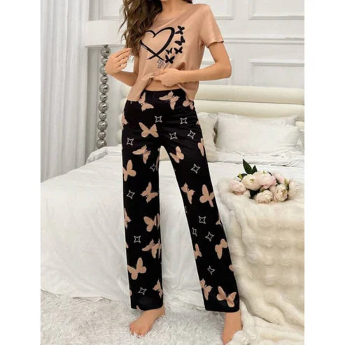 Brown With Black Butterflies Heart Printed T-shirt And Butterflies Printed Trouser Suit (C-C-482)