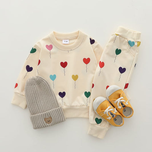 White with Mutli Color Heart sweat Shirt with White Trouser for Kids (CC-107)