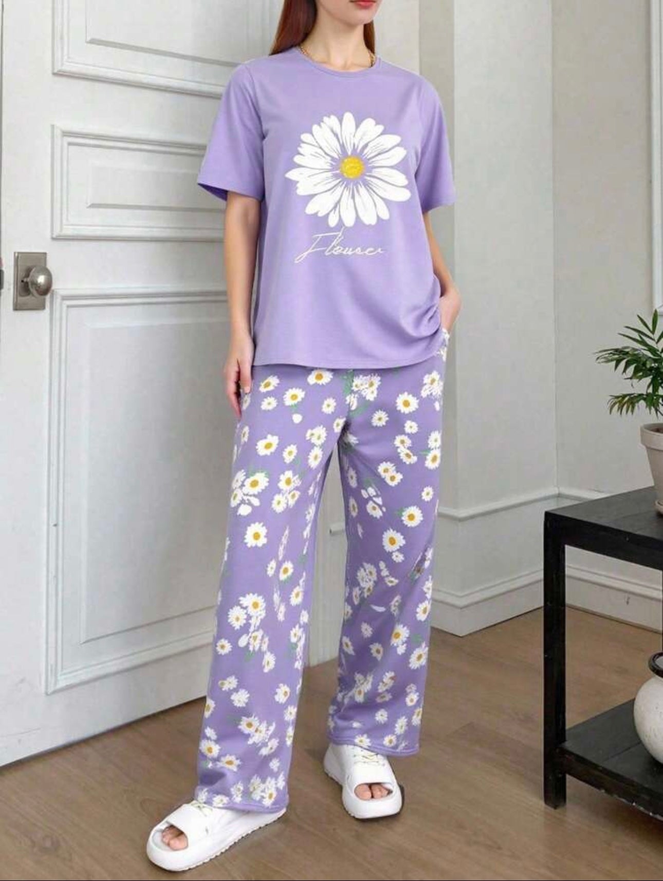 Lilac Sun Flowers Printed Half Sleeves Night Suit (CC-126)