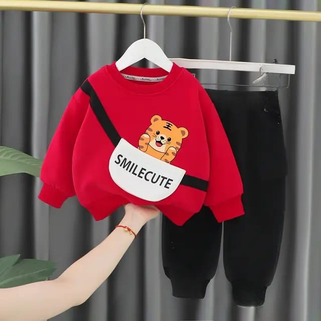 Red with Small tiger Sweat Shirt with Black Trouser for Kids (CC-106)