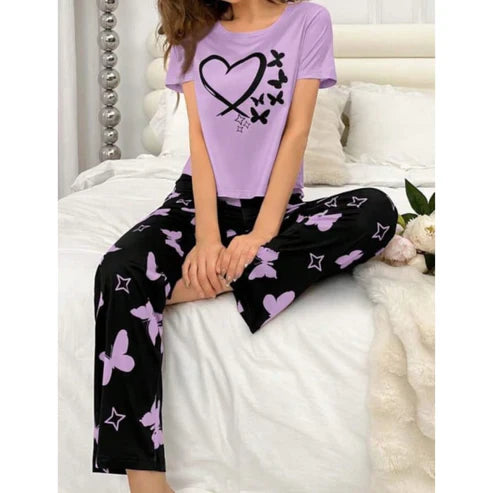Lilac With Black Butterflies Heart Printed T-shirt And Butterflies Printed Trouser Suit (C-C-481)