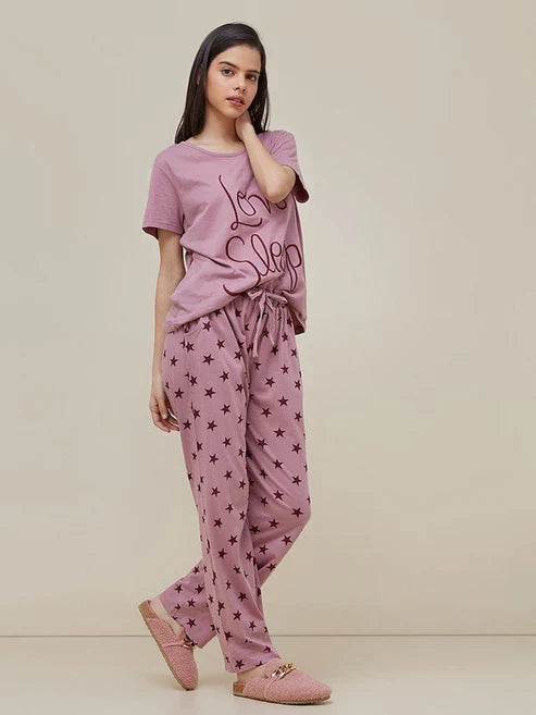 Love Sleep Shirt With Star Trouser Half Sleeves Printed Night Suit (C-C-487)