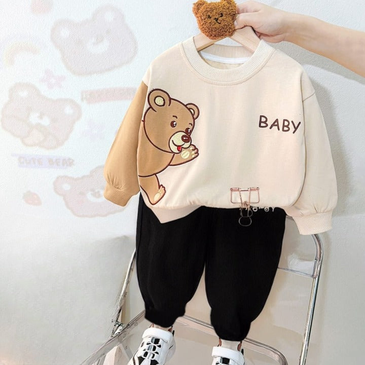 Off White Bear sweat Shirt with Black Trouser for Kids (CC-109)