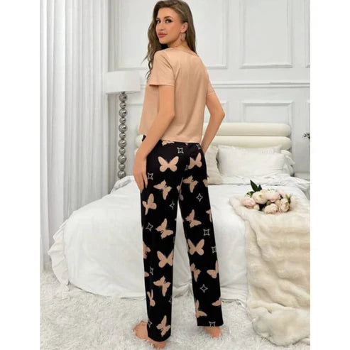 Brown With Black Butterflies Heart Printed T-shirt And Butterflies Printed Trouser Suit (C-C-482)