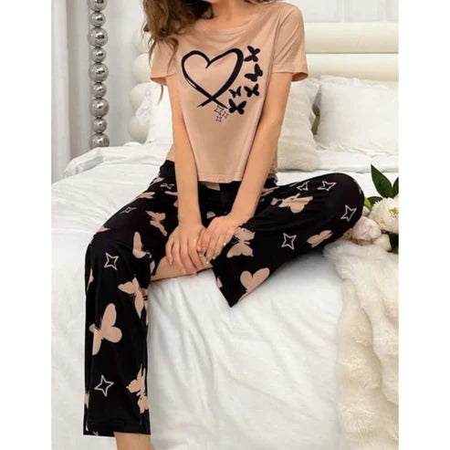 Brown With Black Butterflies Heart Printed T-shirt And Butterflies Printed Trouser Suit (C-C-482)