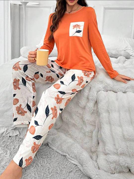 Orange Pocket Flower Printed Night Wear (CC-026)