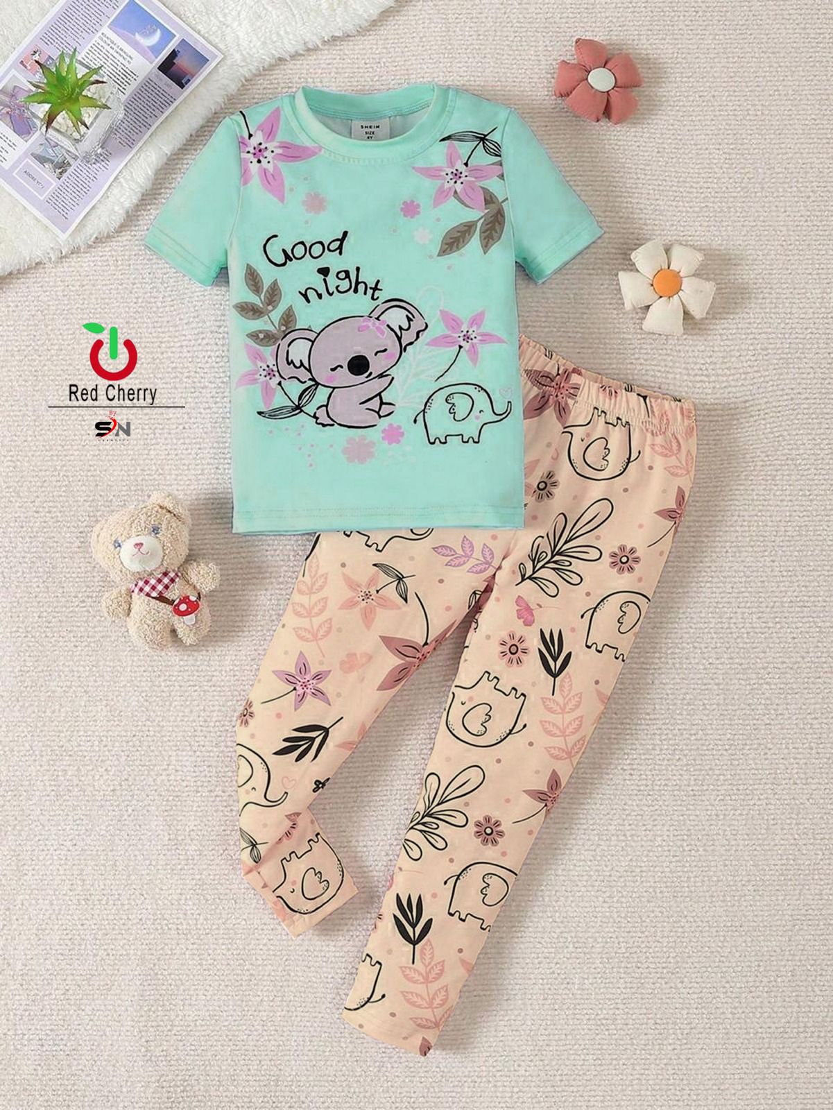 Green Good Night Floral Bear Printed Half Sleeves Tshirt with Floral Printed Trouser The Ultimate Kids Sleep Suit (CC-066)